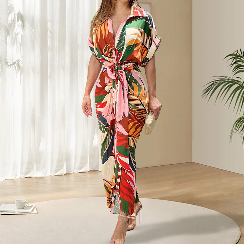 🔥Limited Time 50% OFF🔥Printed Waist Cinching Shirt Dress