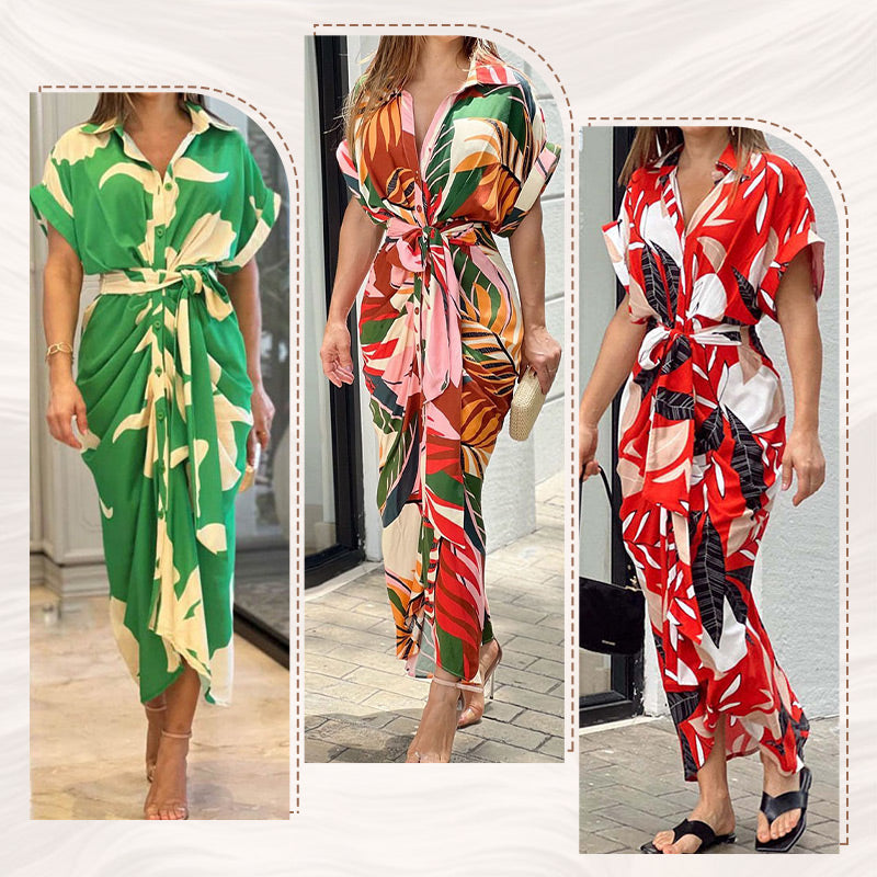 🔥Limited Time 50% OFF🔥Printed Waist Cinching Shirt Dress