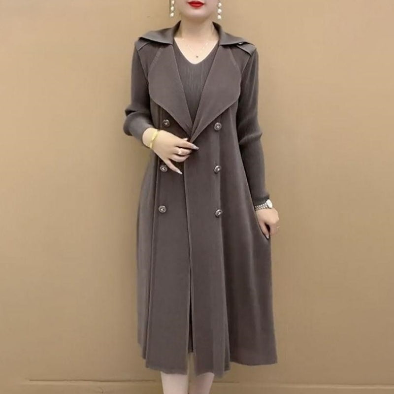 Fashionable Pleated Suit Collar Fake Two-piece Trench Coat