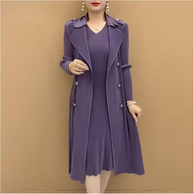 Fashionable Pleated Suit Collar Fake Two-piece Trench Coat