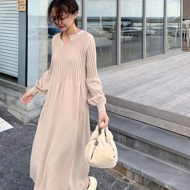 🔥Limited Time 50% OFF🔥Women's Solid Color Knitted Long-sleeve Maxi Dress