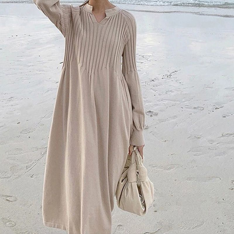 🔥Limited Time 50% OFF🔥Women's Solid Color Knitted Long-sleeve Maxi Dress