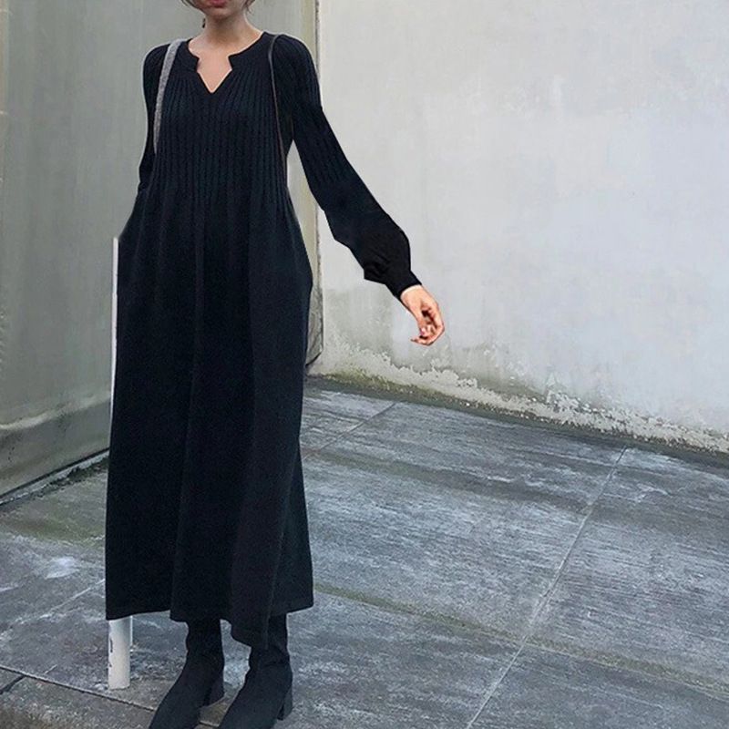 🔥Limited Time 50% OFF🔥Women's Solid Color Knitted Long-sleeve Maxi Dress